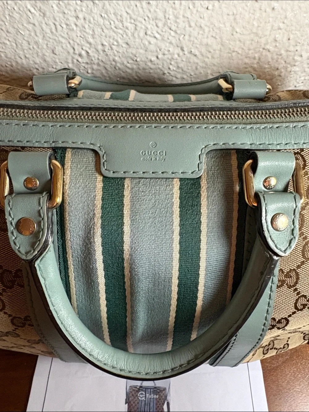 Gucci GG Canvas Boston Bag with Blue Green Stripes - Authentic Vintage COA